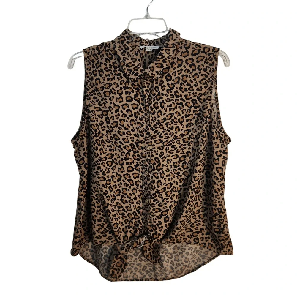 Beach lunch lounge Leopard Print Sleeveless Tie Front Button Down Top XL Brown - Picture 2 of 8